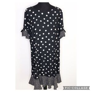 Talbots black white polka dot ruffle trim midi shift dress size 16
